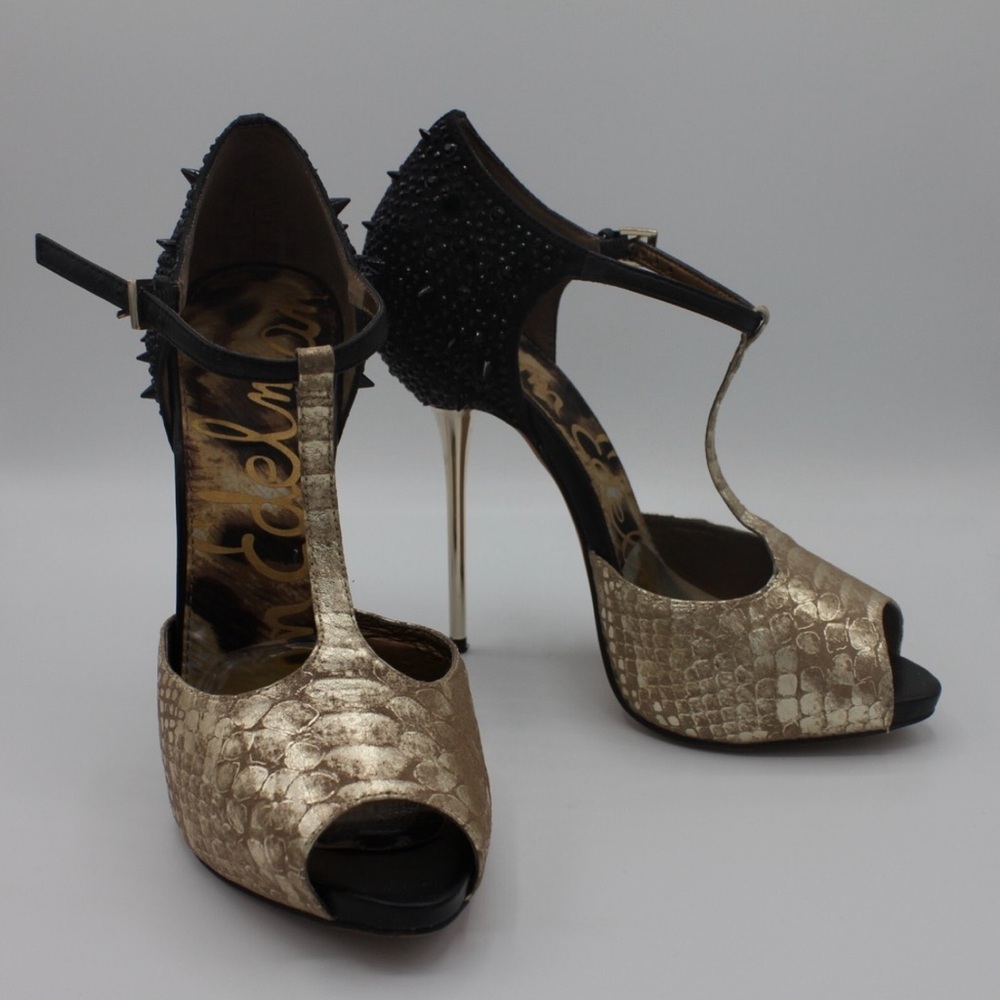 Designer Sam Edelman Scarlett Black /Gold Suede Leather Spiked Heels Size 9.5 - Picture 5 of 9